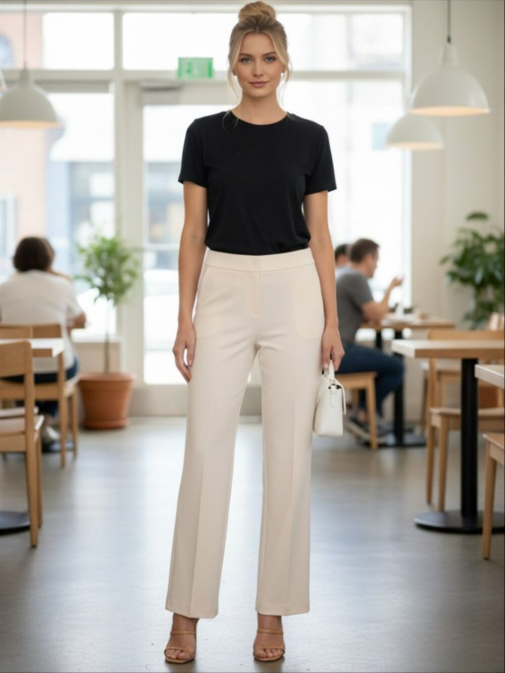 Anne Klein Flared Full Length Cream Pull-On Trousers